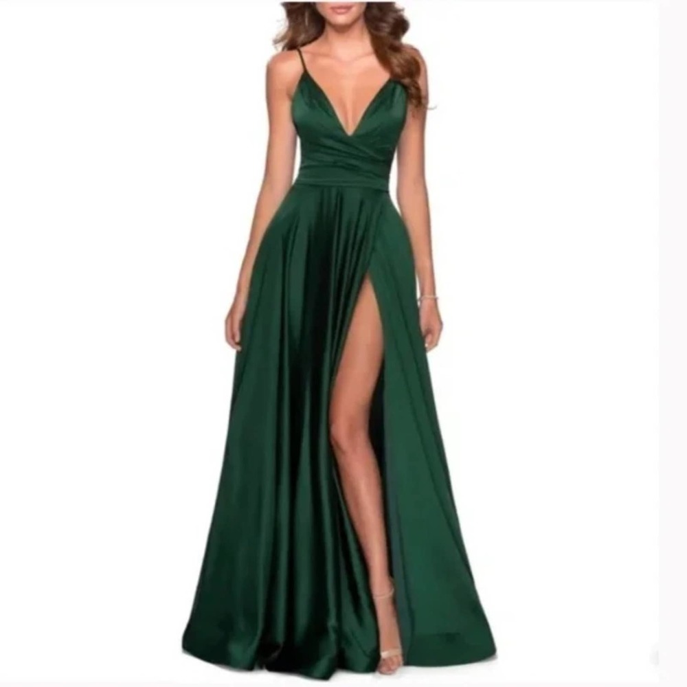 La Femme Plunging V Neck Gown Dress Emerald Green
